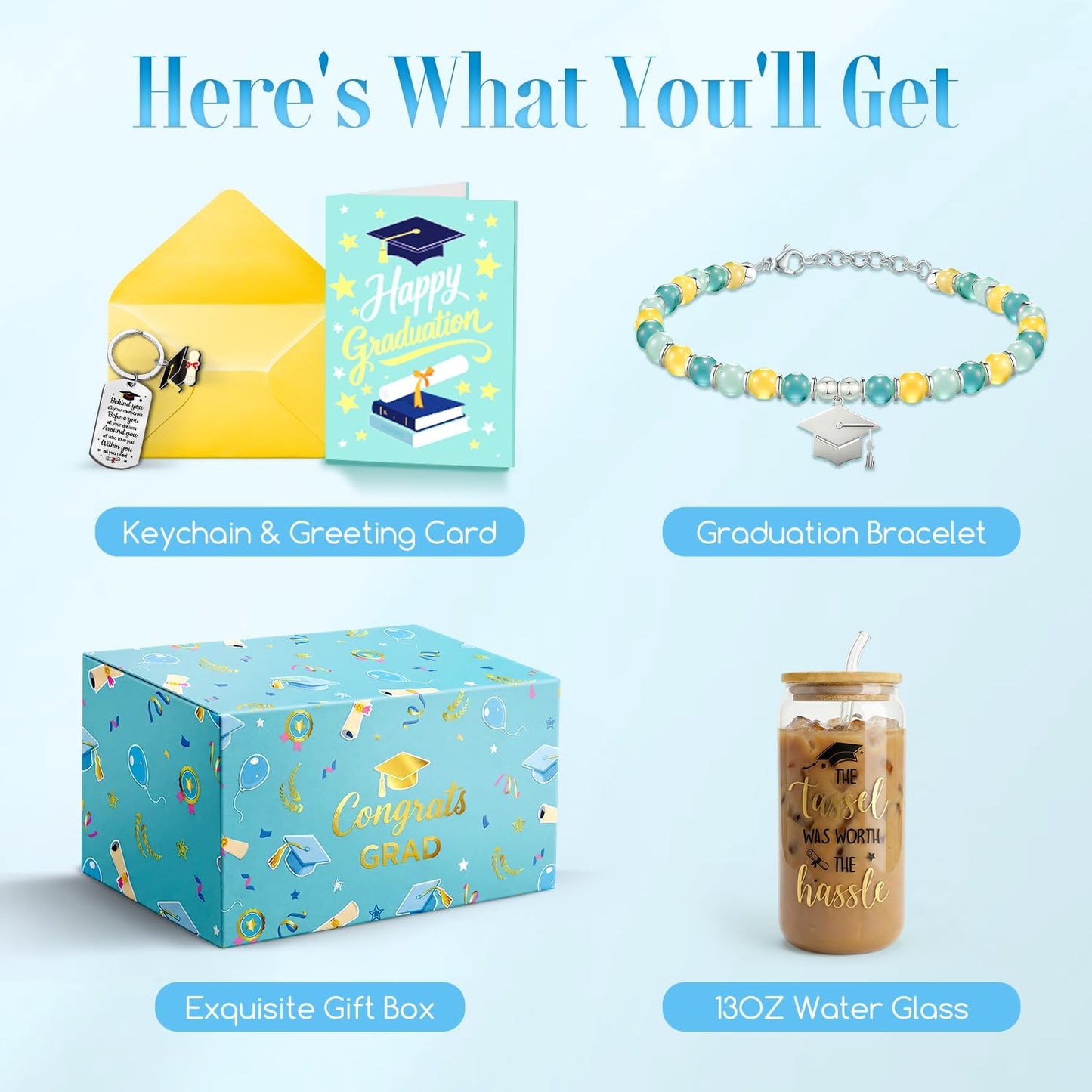 Caja regalo graduación 4 Pzas cristal pulsera vaso llavero
