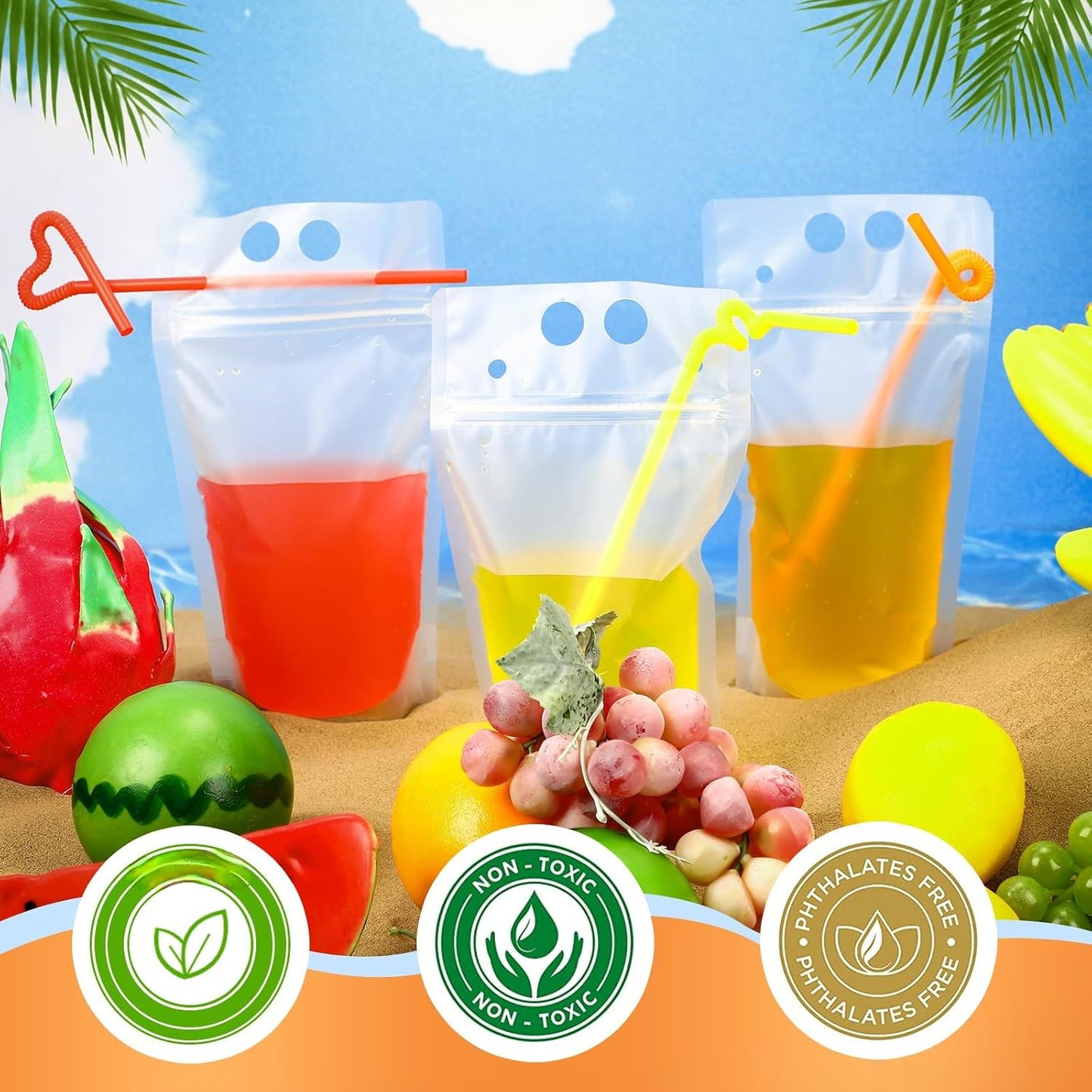 200 Bolsas Transparentes 16oz con Pajita y Cremallera para Bebidas