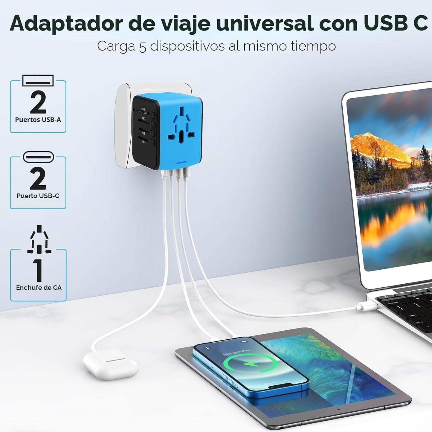 Adaptador viaje universal 4 puertos USB C/A y CA