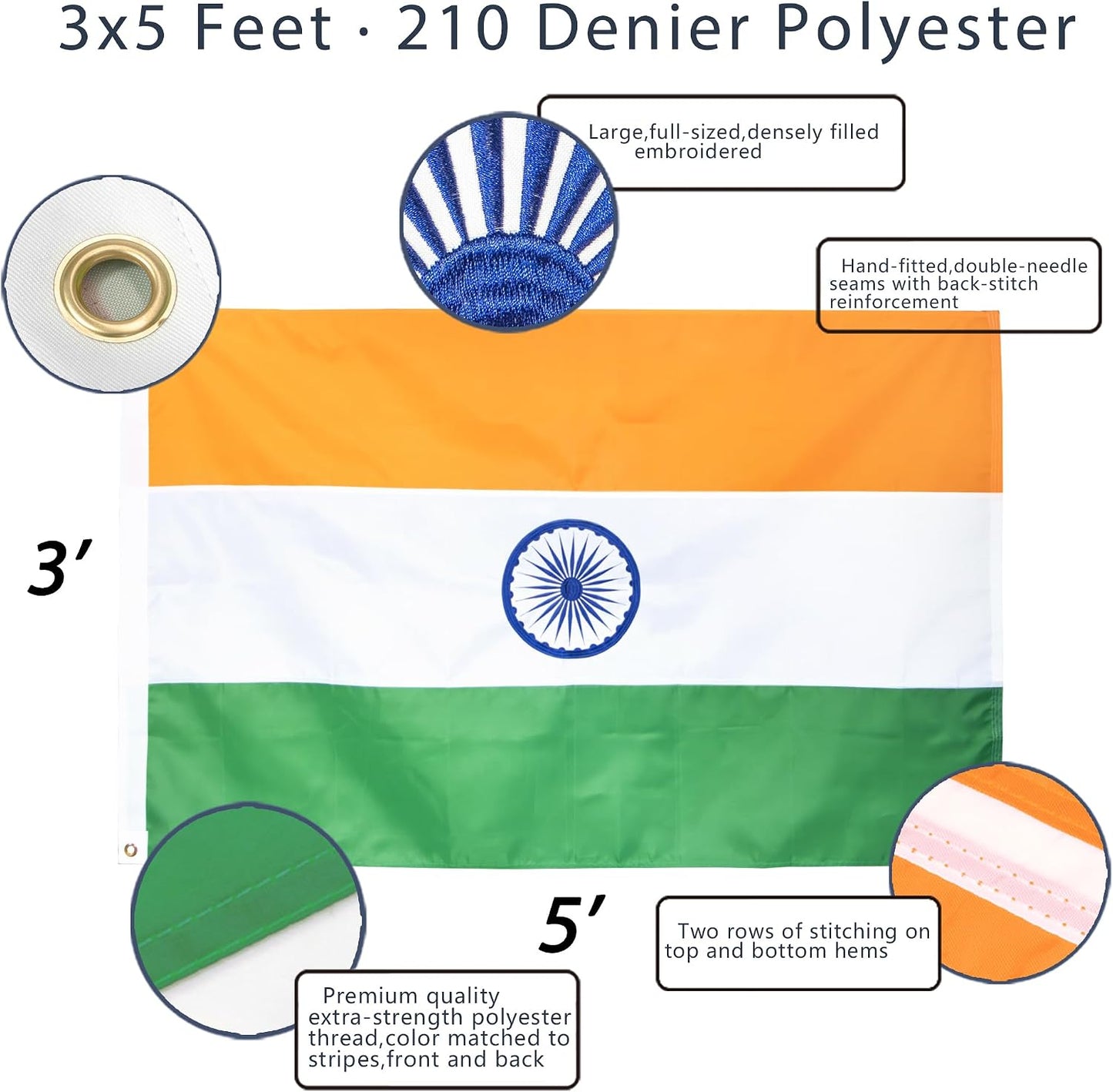 Bandera india bordada 3x5ft lona resistente con ojales latón