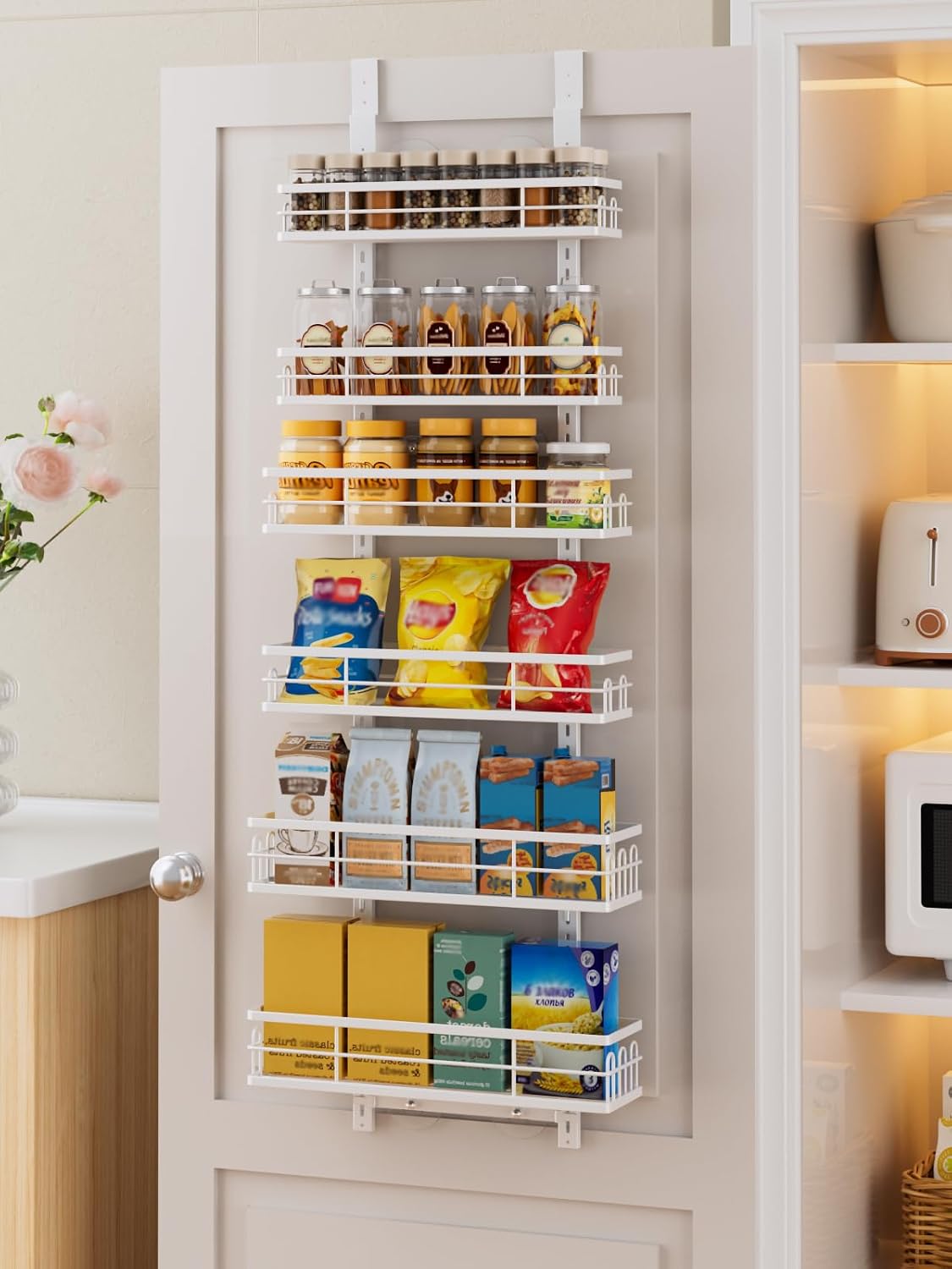 Organiz. puerta despensa 6 niveles cesta ajustable metal