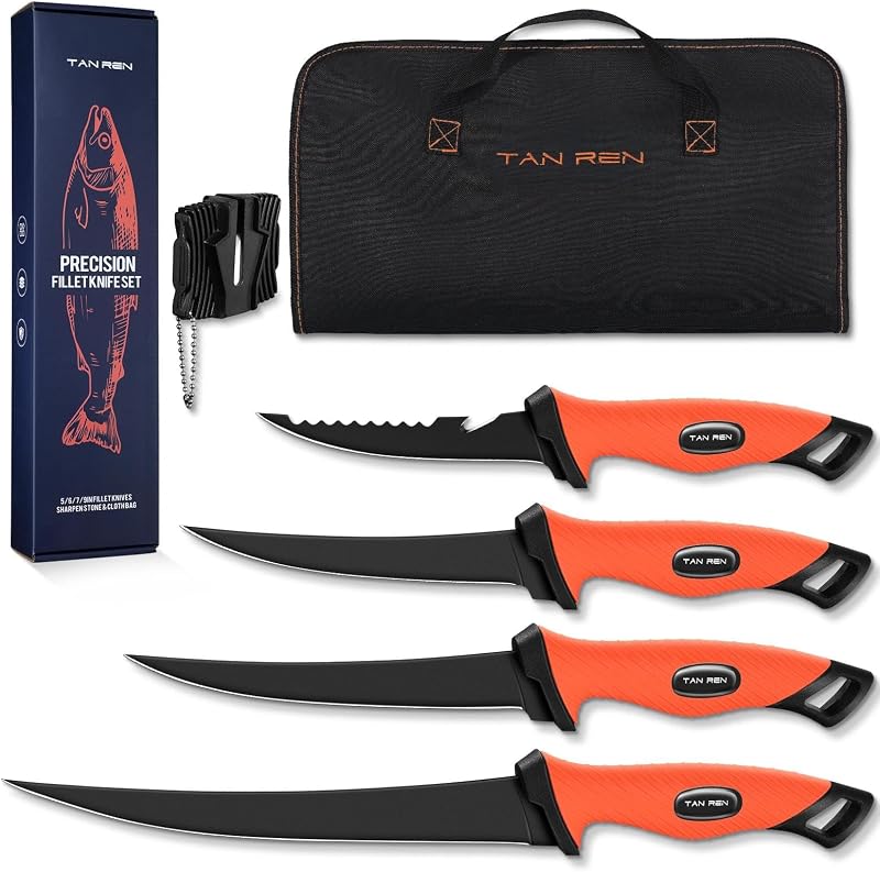 Set 5 Cuchillos Filete Pesca Acero Inox Afilador