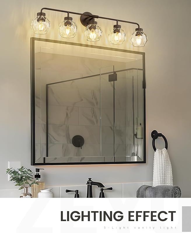Lámpara baño 5 luces bronce aceitado globo vidrio ondulado
