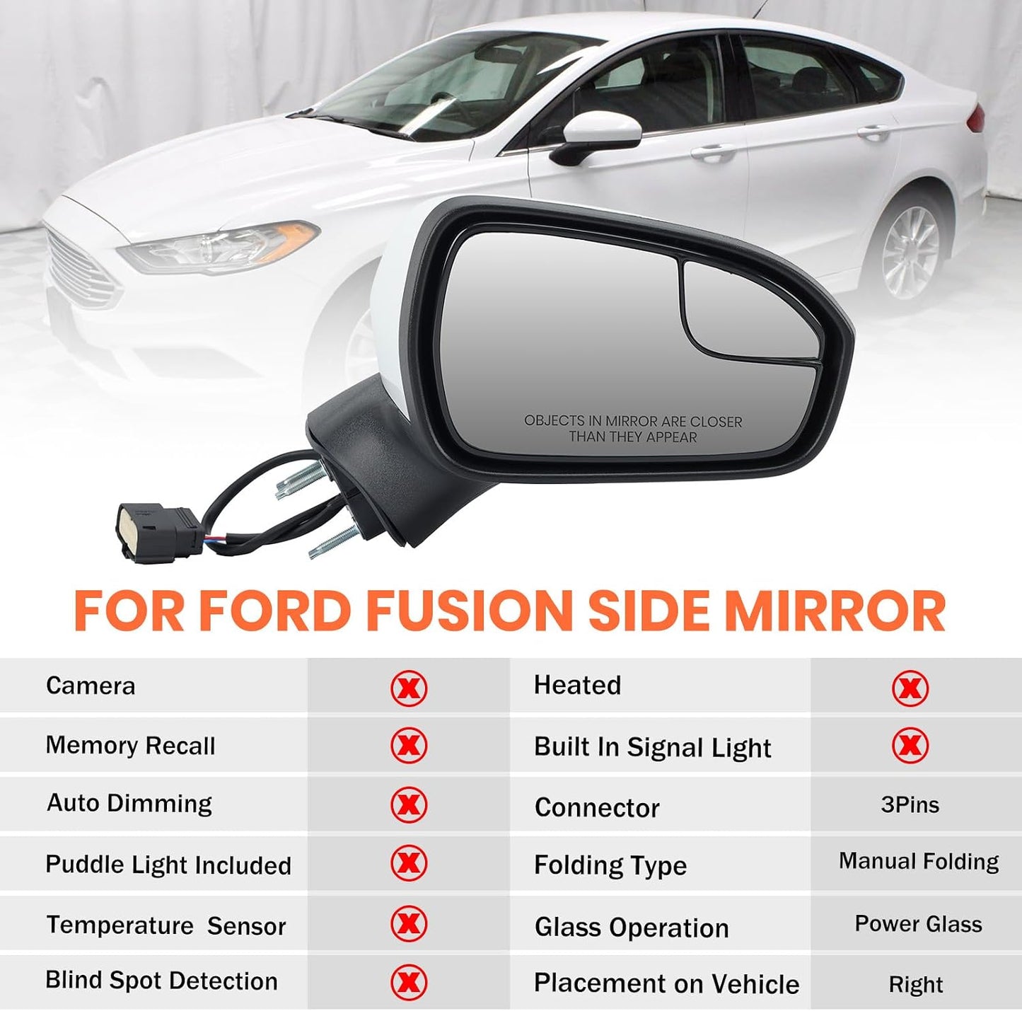Espejo lateral derecho Ford Fusion 16-20 3pines plegable