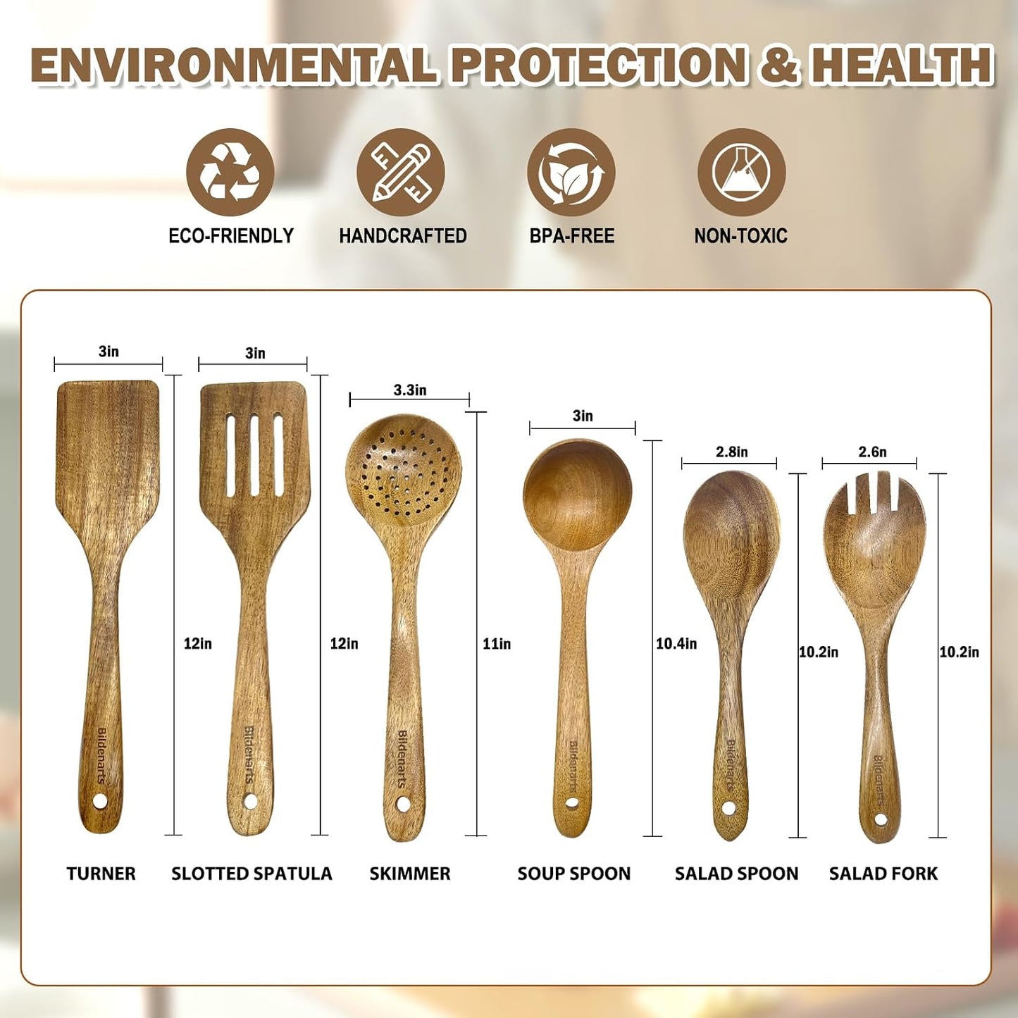 Set 6 cucharas madera teca con delantales cocina