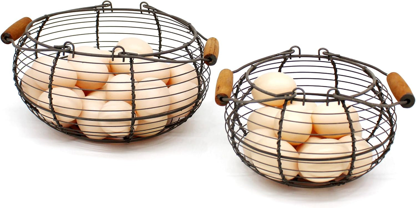 Cestas huevos alambre asas madera vintage set 2