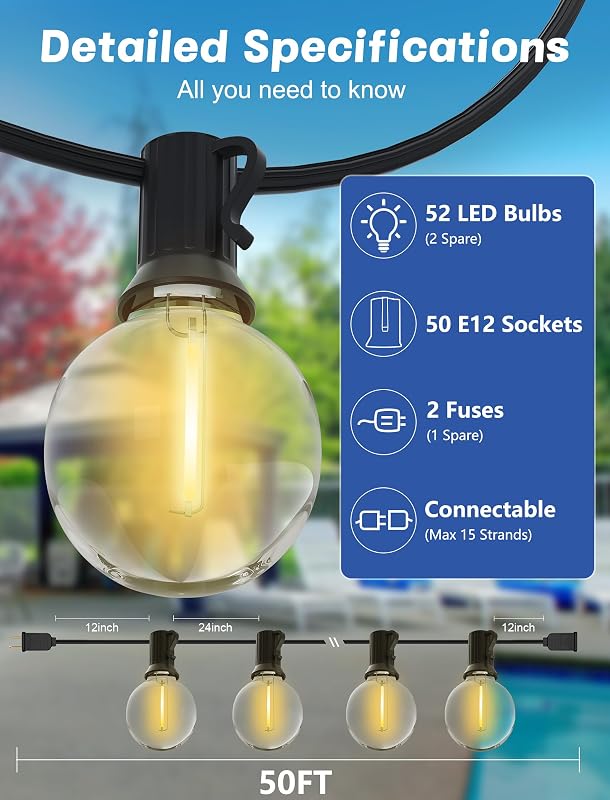 Guirnalda luces exteriores 50ft 52 bombillas LED G40 E12