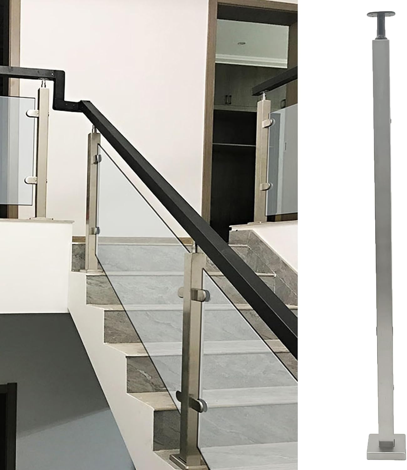 Poste barandilla vidrio acero inox 42x2x2 con acabado negro