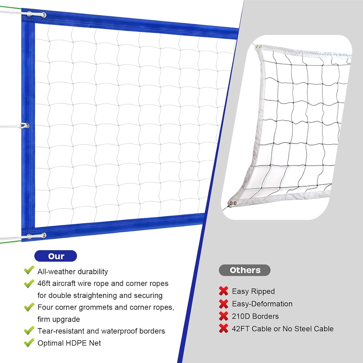 Red de voleibol exterior 32x3FT HDPE 600D con cable acero
