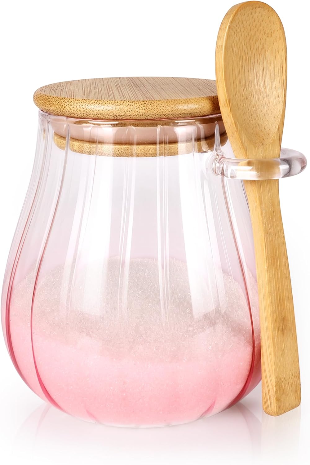 Azucarera vidrio rosa con tapa hermética y cuchara bambú