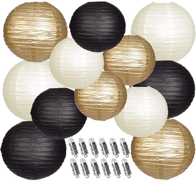 Faroles chinos redondos colgantes 12 luces LED oro negro pack 12