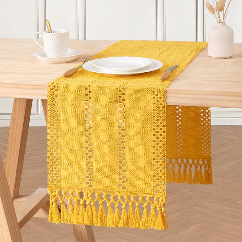 Mesa macramé 12x60pulg bohemio borlas algodón lino amarillo