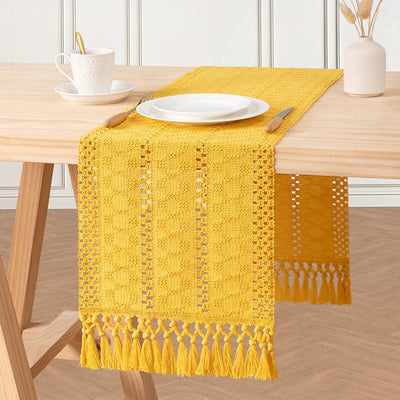Mesa macramé 12x60pulg bohemio borlas algodón lino amarillo