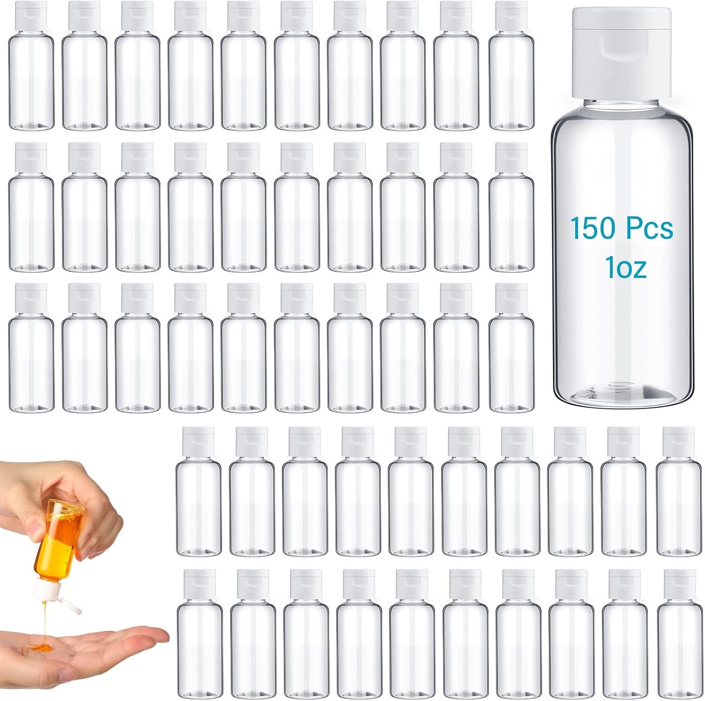 150 Botellas Viaje 1oz Transparentes Recargables Tapa Blanca