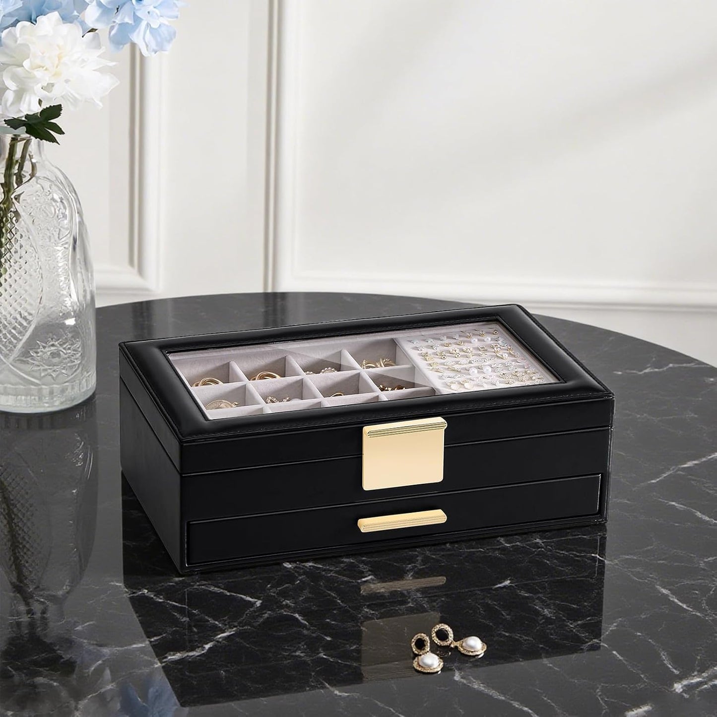 Caja organizadora aretes mujer vidrio 2 niveles negro