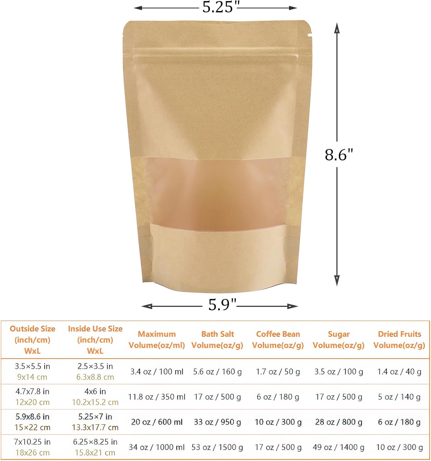 150 Bolsas Kraft 5.9x8.6pulg Con Cierre Resellable Ventana