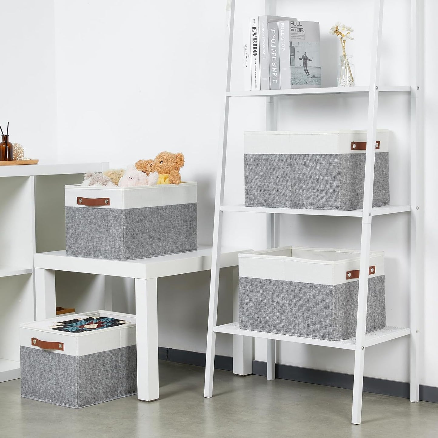 4 Cestas Almacenamiento Plegables Tela 15x11" Blanco Gris