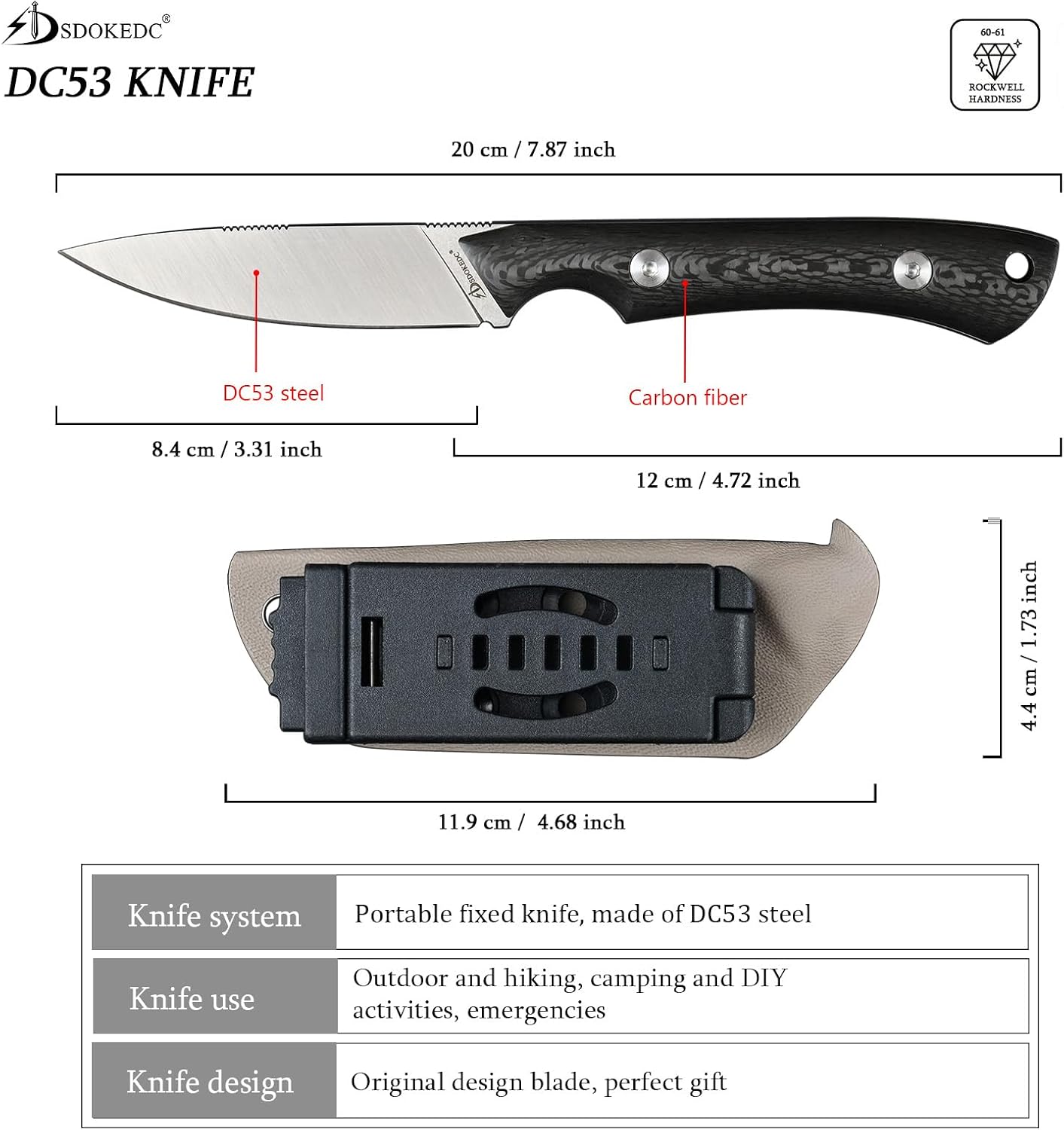 Cuchillos DC53 acero táctico hoja fija funda kydex EDC camping