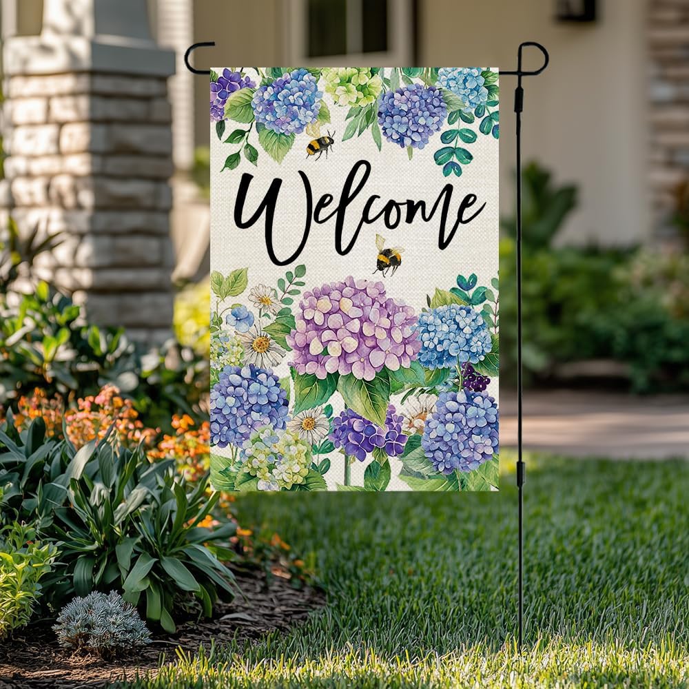 Bandera primavera jardín hortensias 12x18pulg arpillera