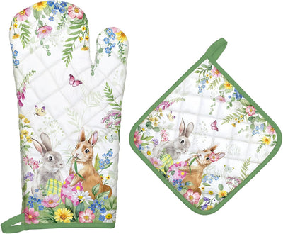 Juego de guantes de horno y soportes para olla de conejito de pascua 100% algodón resistente al calor