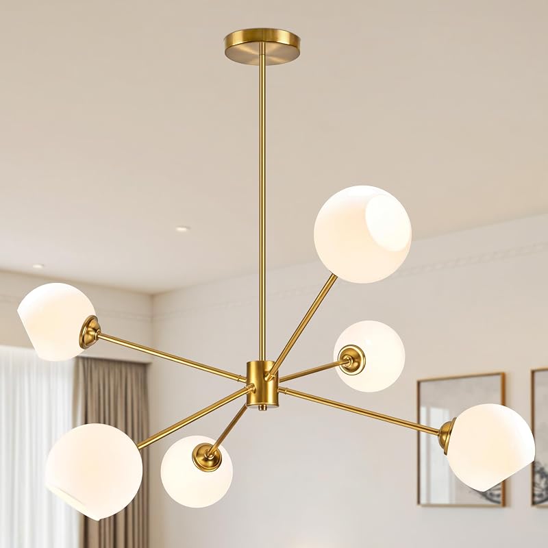 Candelabro Sputnik 6 Luces Dorado Cristal Blanco Dormitorio