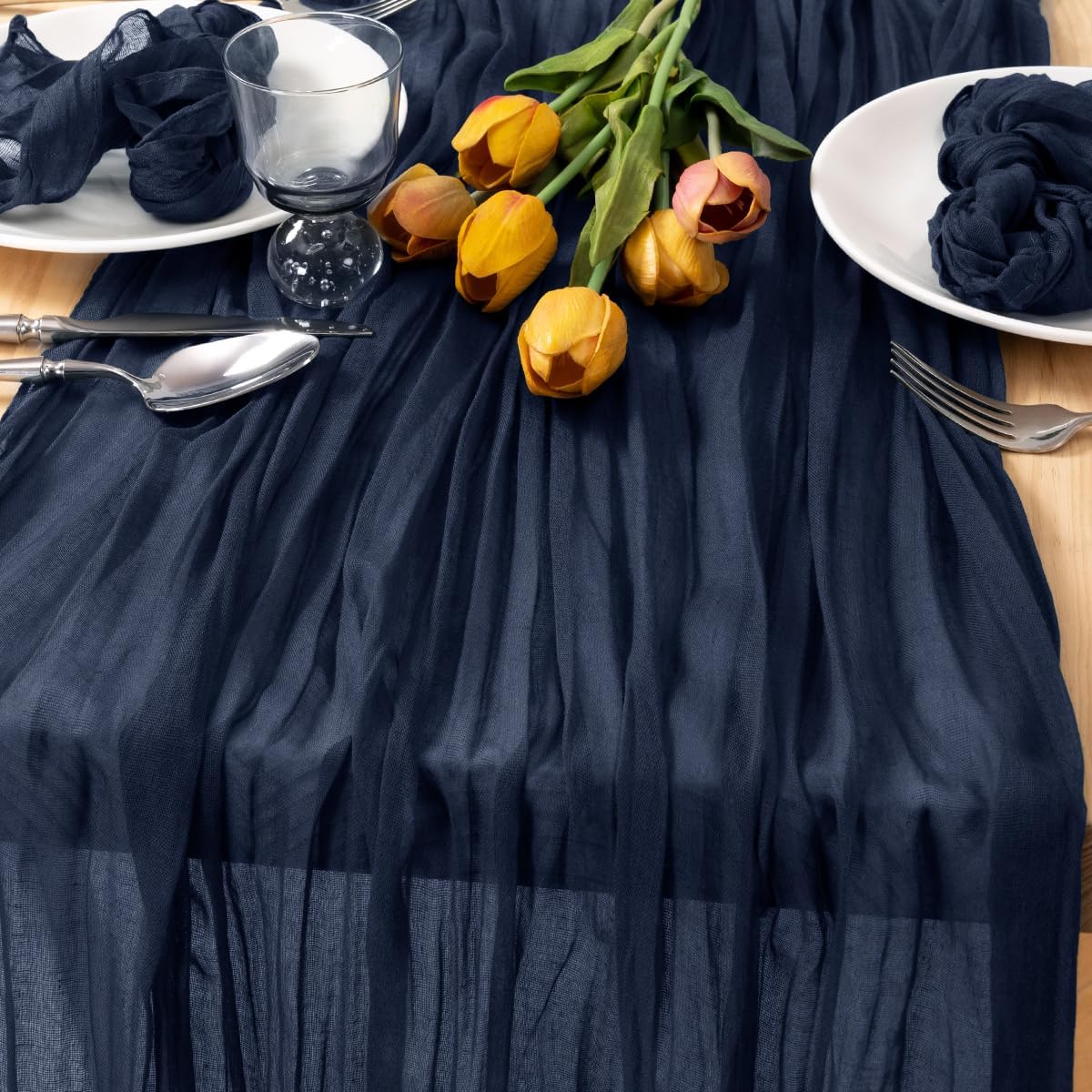 Camino mesa gasa rústica azul marino 35x120pulg para boda