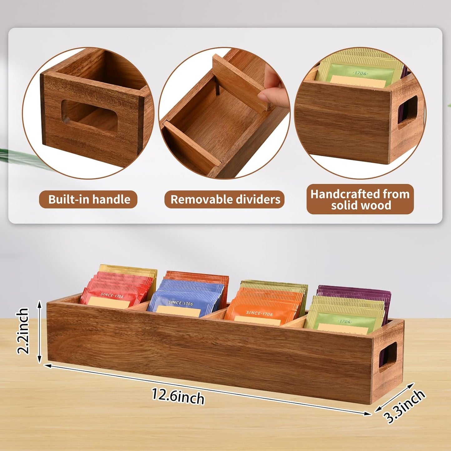 Organizador bolsas té madera acacia 4 ranuras