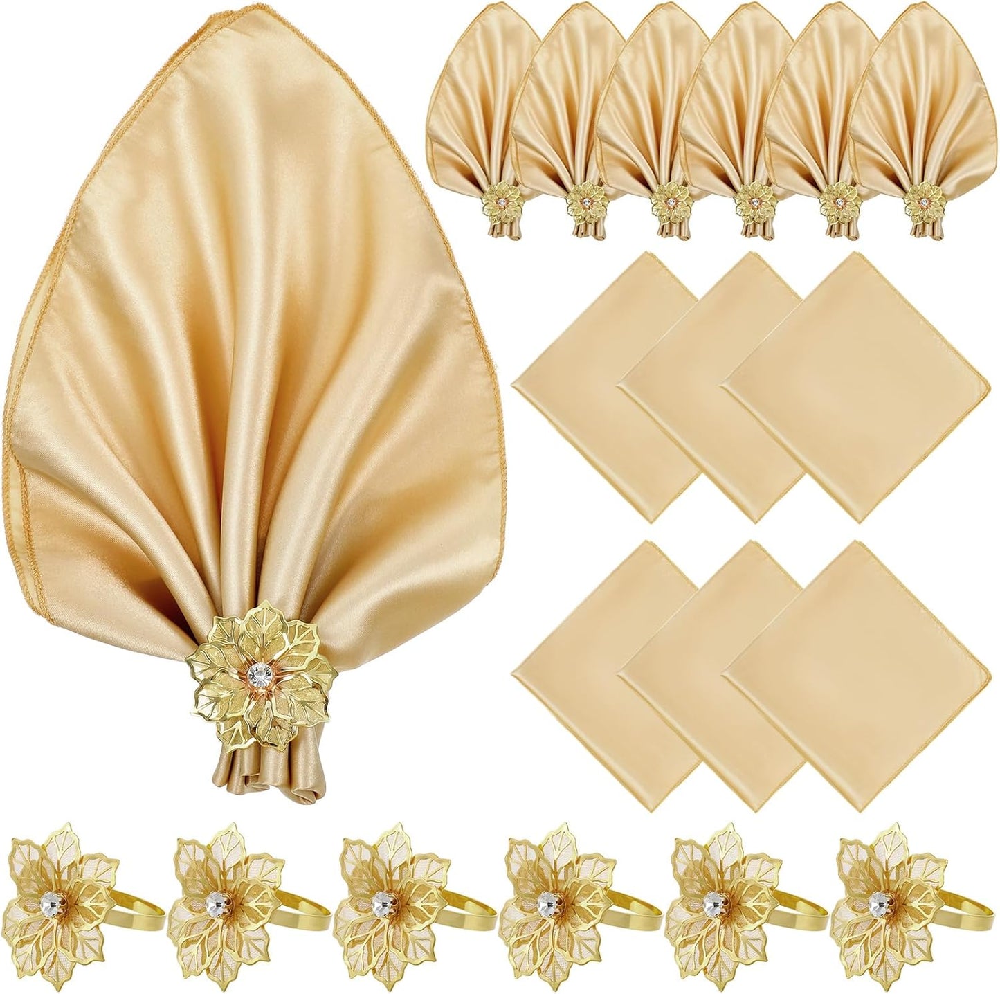 Set 24 Servilletas Doradas Satén 17x17pulg y Metal Floral Bodas