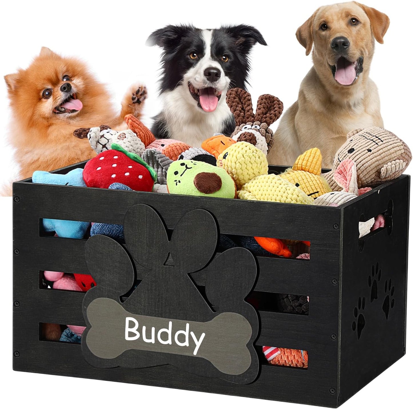 Cesta de juguetes para perros con asas y diseño de etiqueta