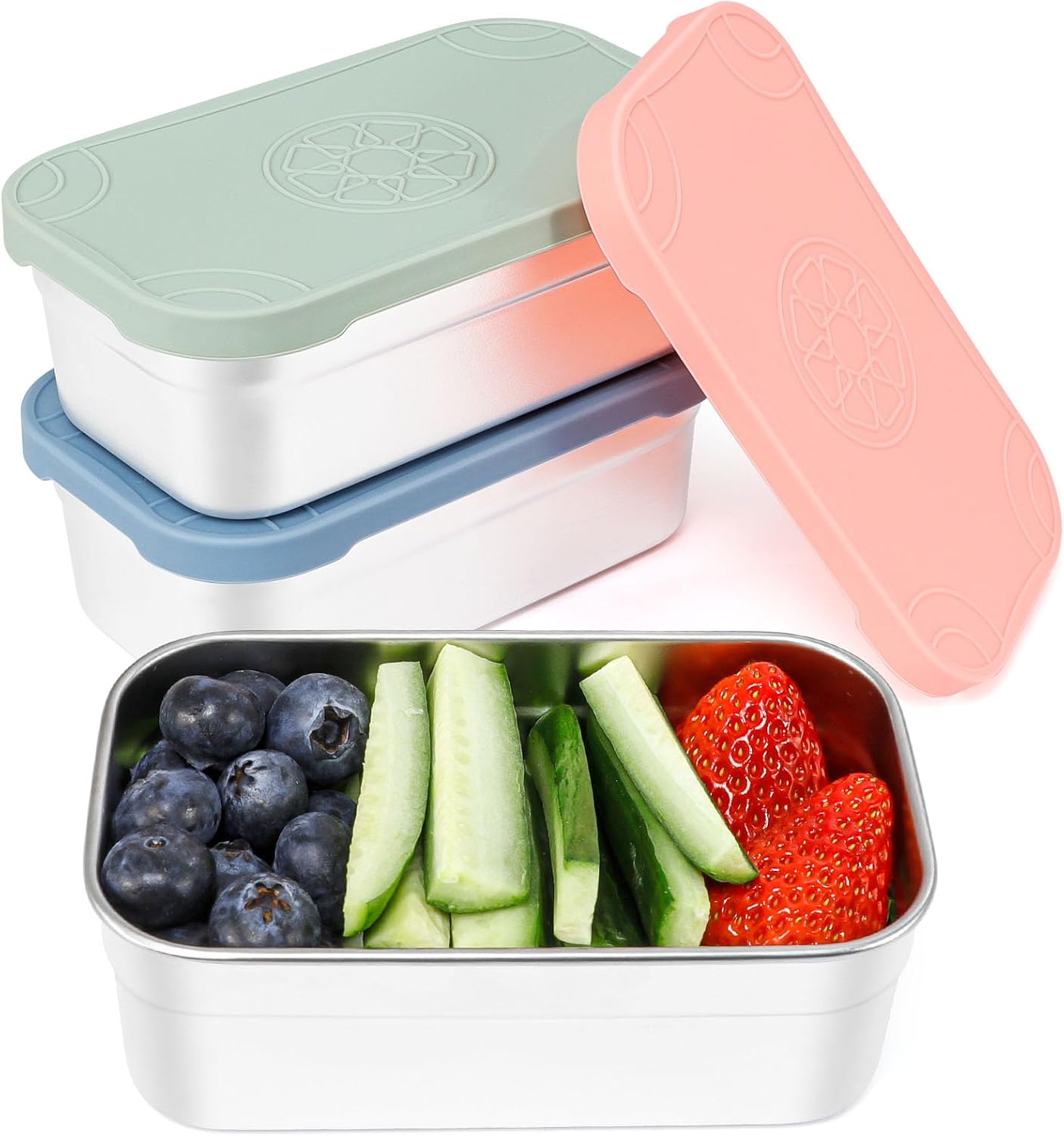 3 Pzas Recipientes Acero Inox 15oz con Tapas Silicona