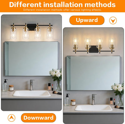 Lámpara baño 4 luces negras y doradas vidrio transparente