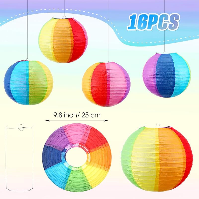 16 Linternas papel arco iris para fiesta piscina Luau