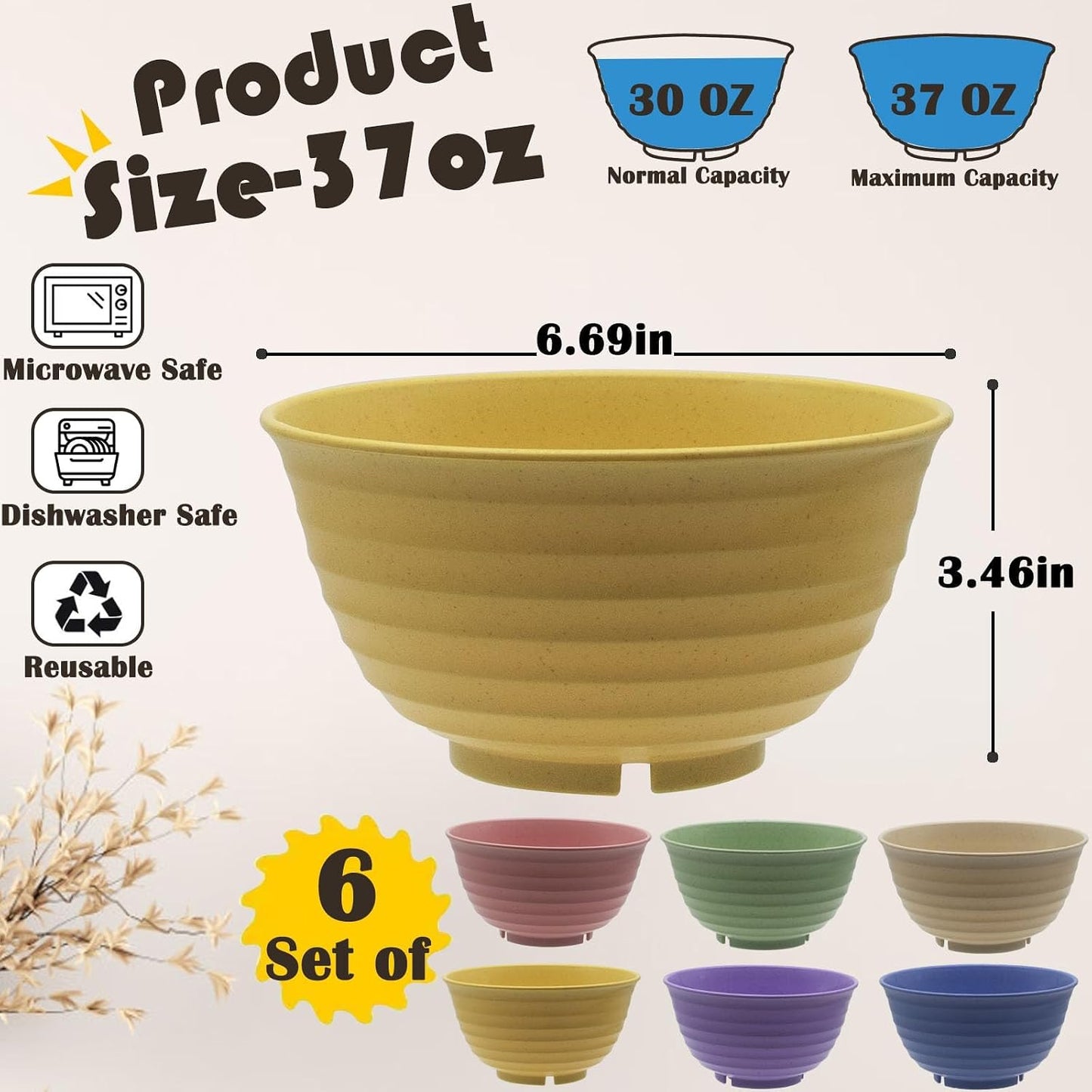 Set 6 Cuencos Plástico Reutilizables 37oz Paja Trigo