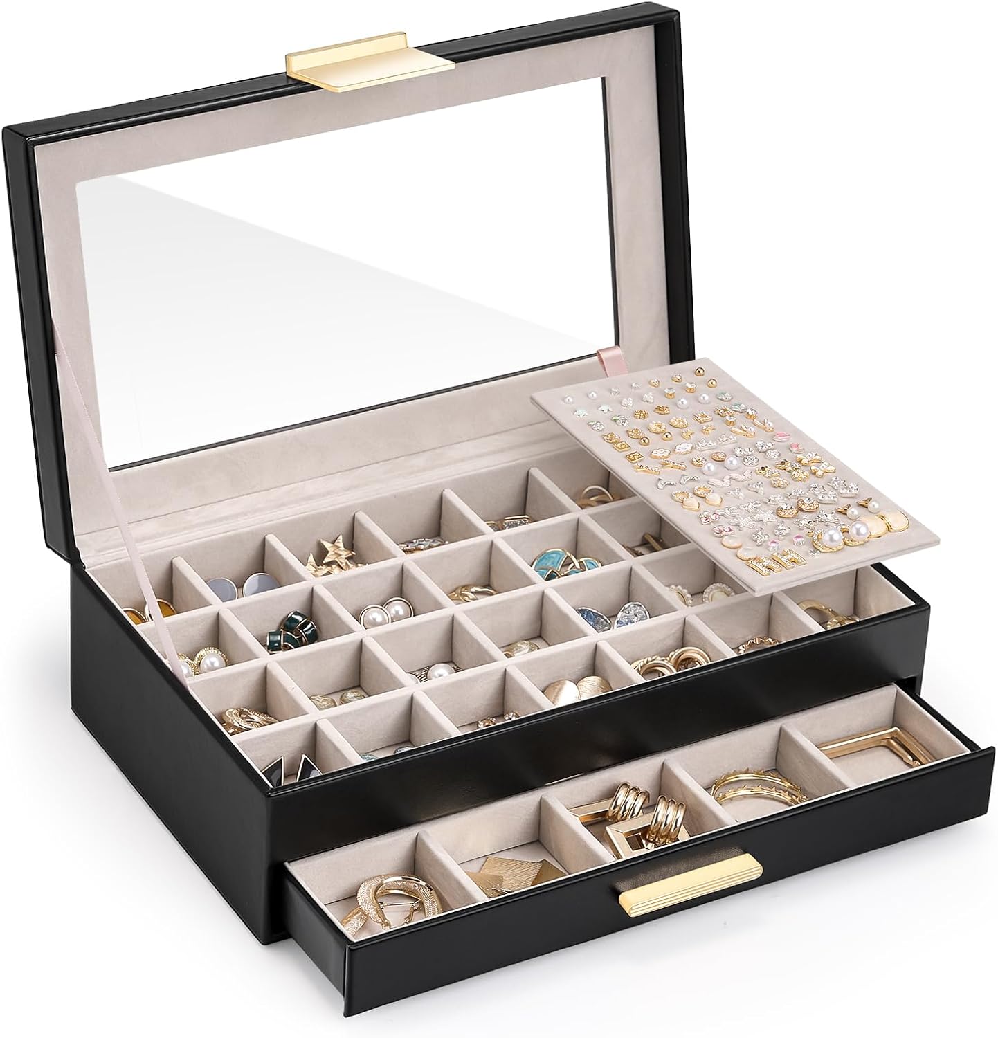 Caja organizadora aretes mujer vidrio 2 niveles negro