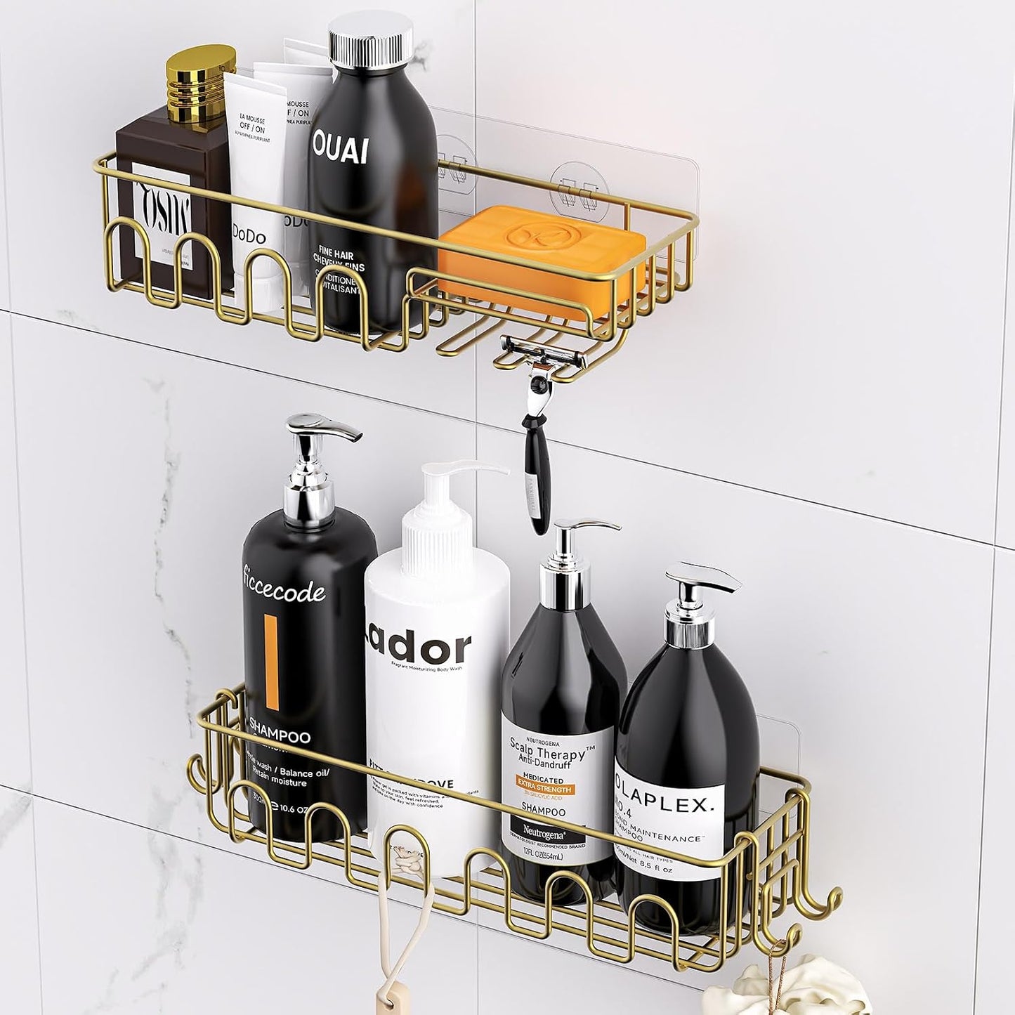 4 Organiz. adhesivos ducha baño color dorado 25lbs
