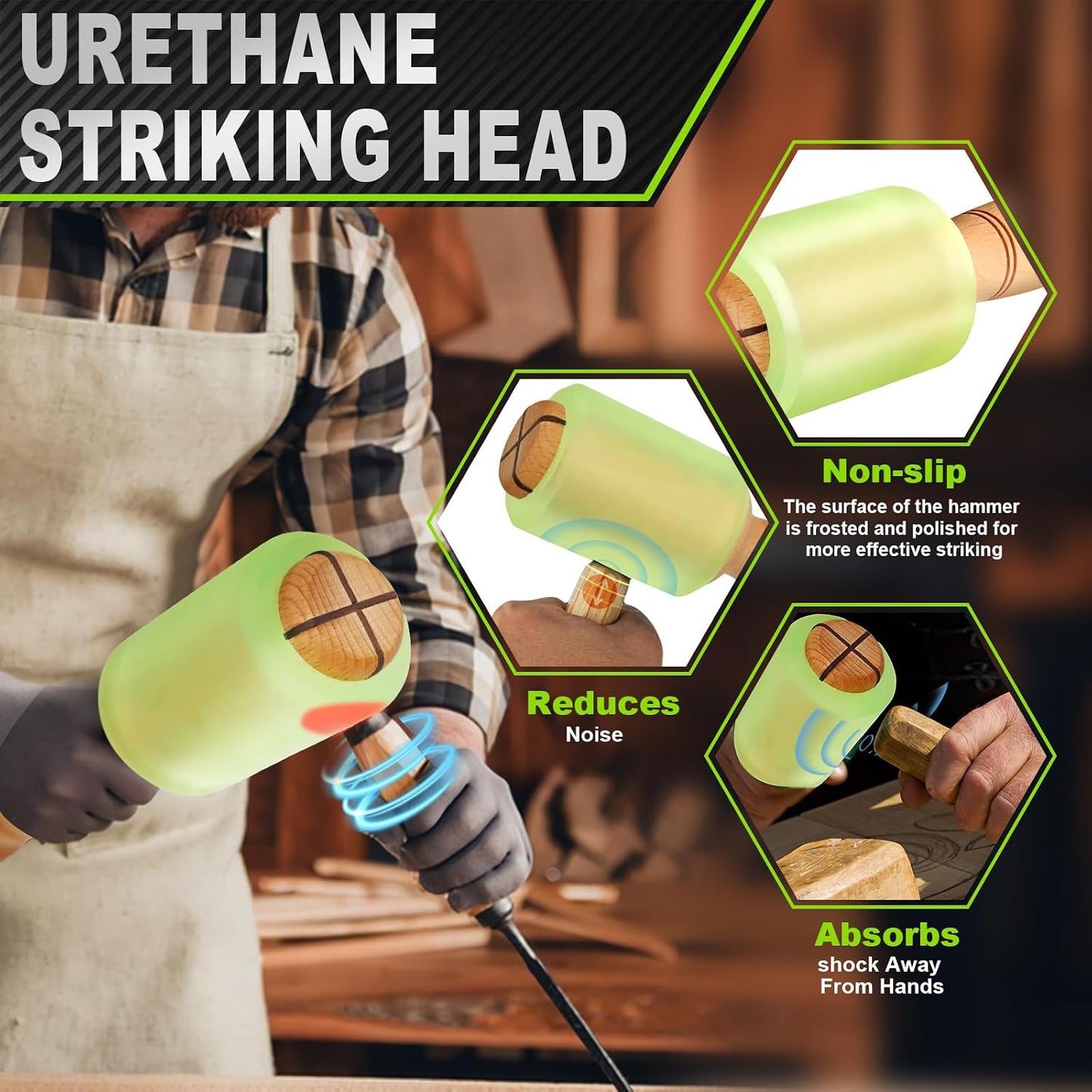 Mazo tallado madera 12oz cabeza uretano verde antiderrap