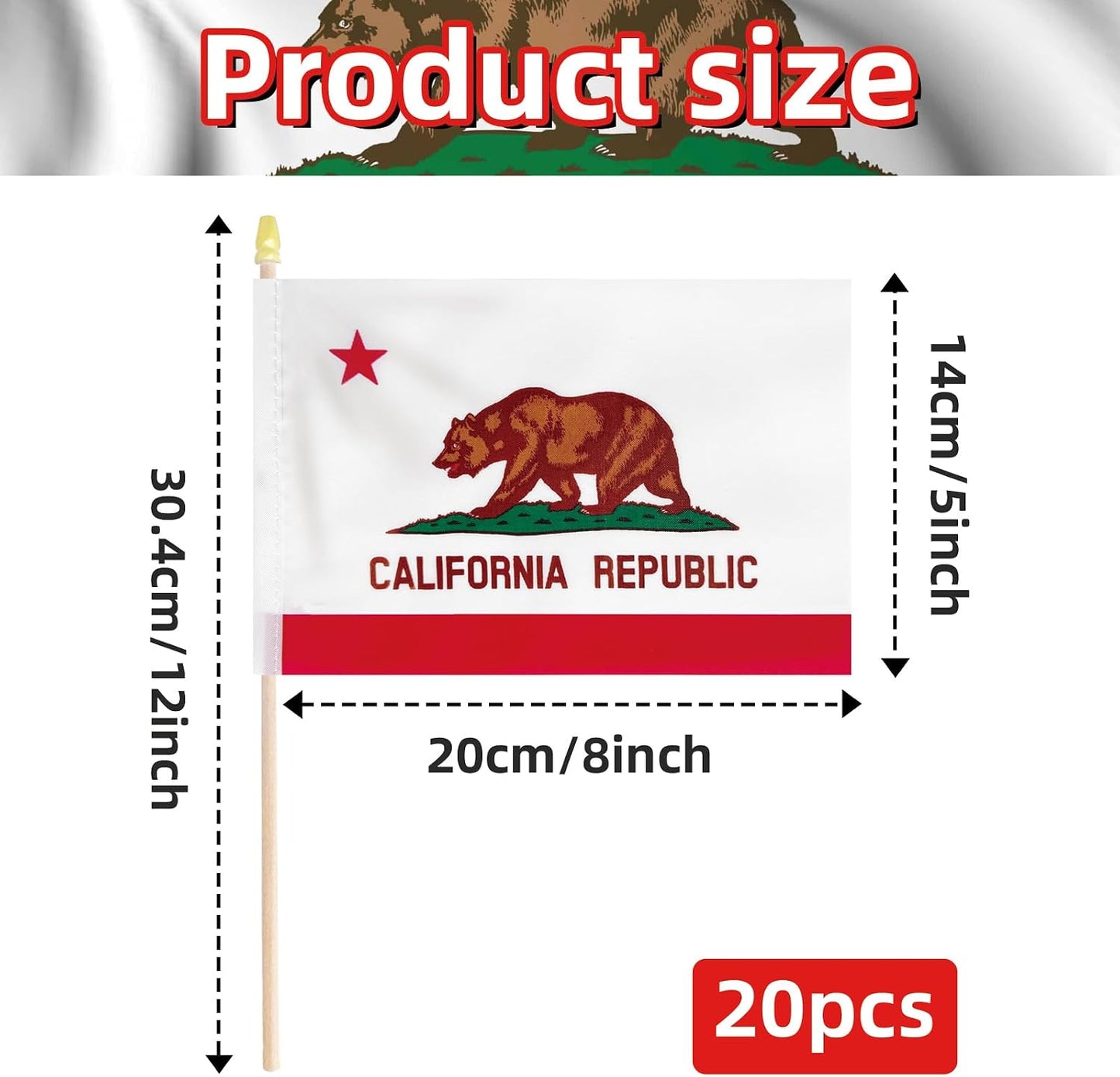 20 Banderas California 5x8" en palo madera