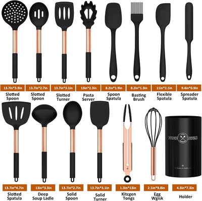 Set 15 Pzas Utensilios Silicona Antiadherente Mango Oro Rosa Negro