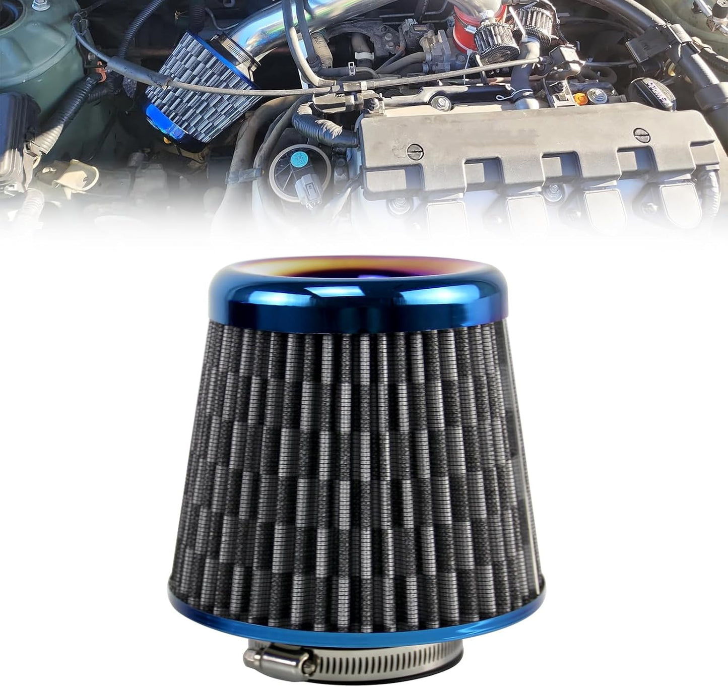 Filtro aire cono redondo 3" flujo alto azul estilo carbón