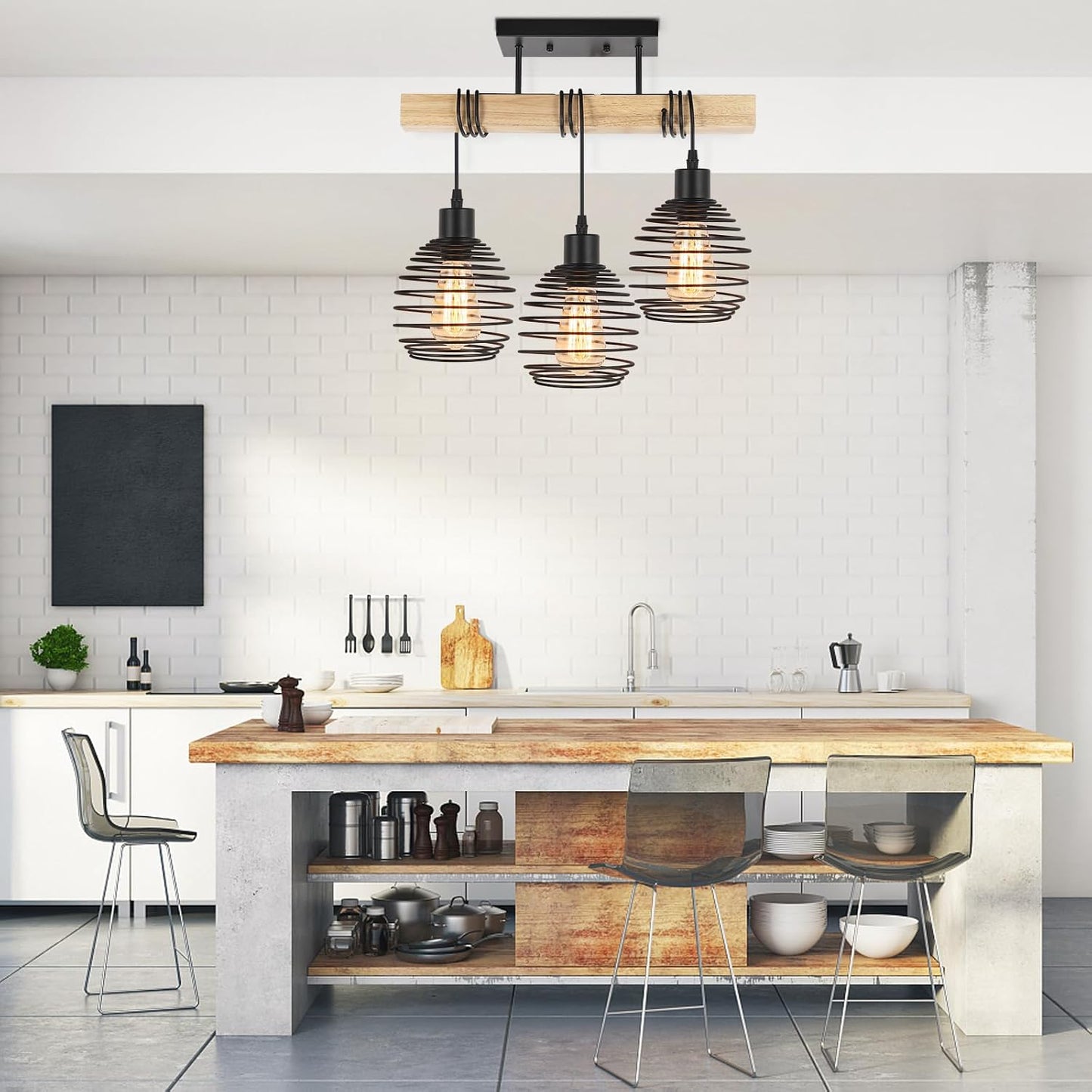 Lámpara techo madera 3 luces industrial dormitorio