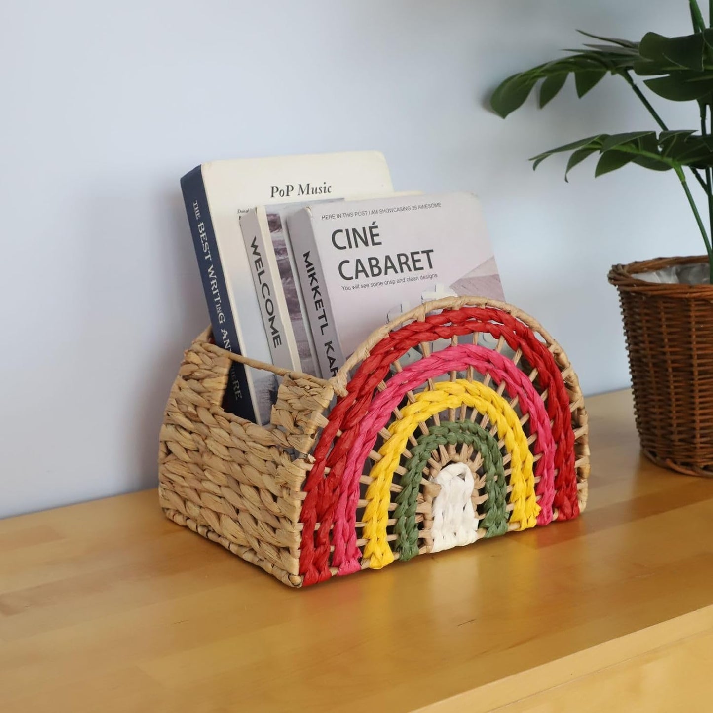Cesta mimbre tejida jacinto arco iris con asa 9.1x