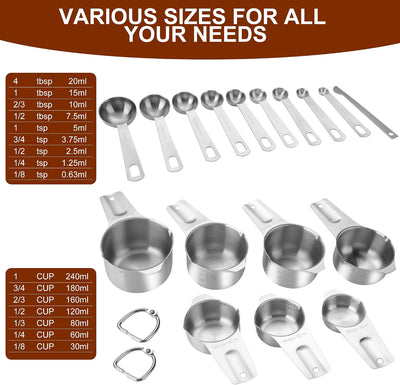 Set 17 Tazas y Cucharas Medidoras Acero Inox 18/8 Plateado
