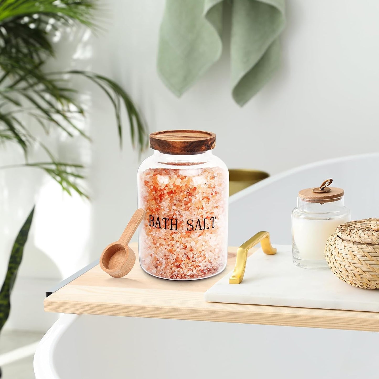 Tarro vidrio sal baño 74oz con tapa y cuchara madera