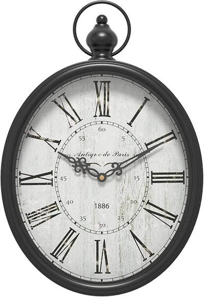 Reloj pared ovalado rústico vintage negro 15.5x10.5pulg