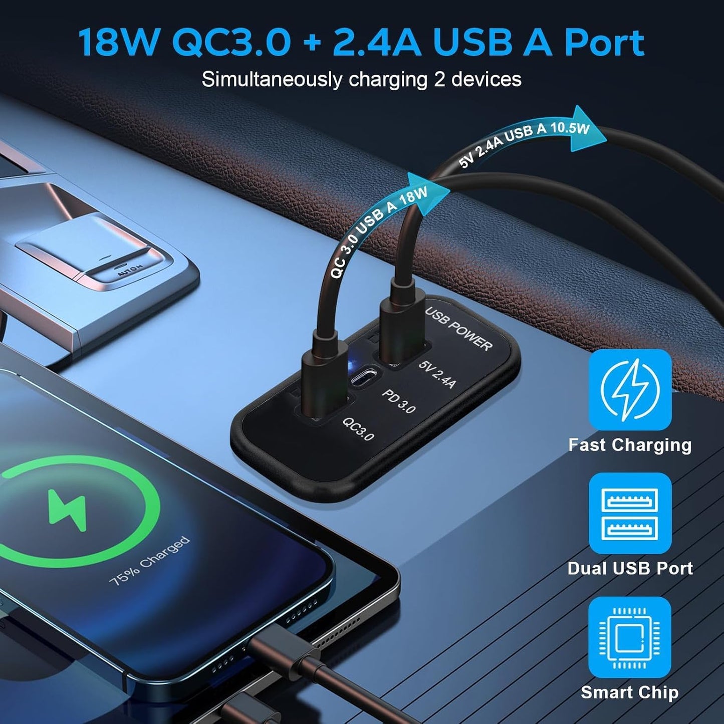 Panel enchufe coche 3 puertos USB 12V PD3.0 QC3.0