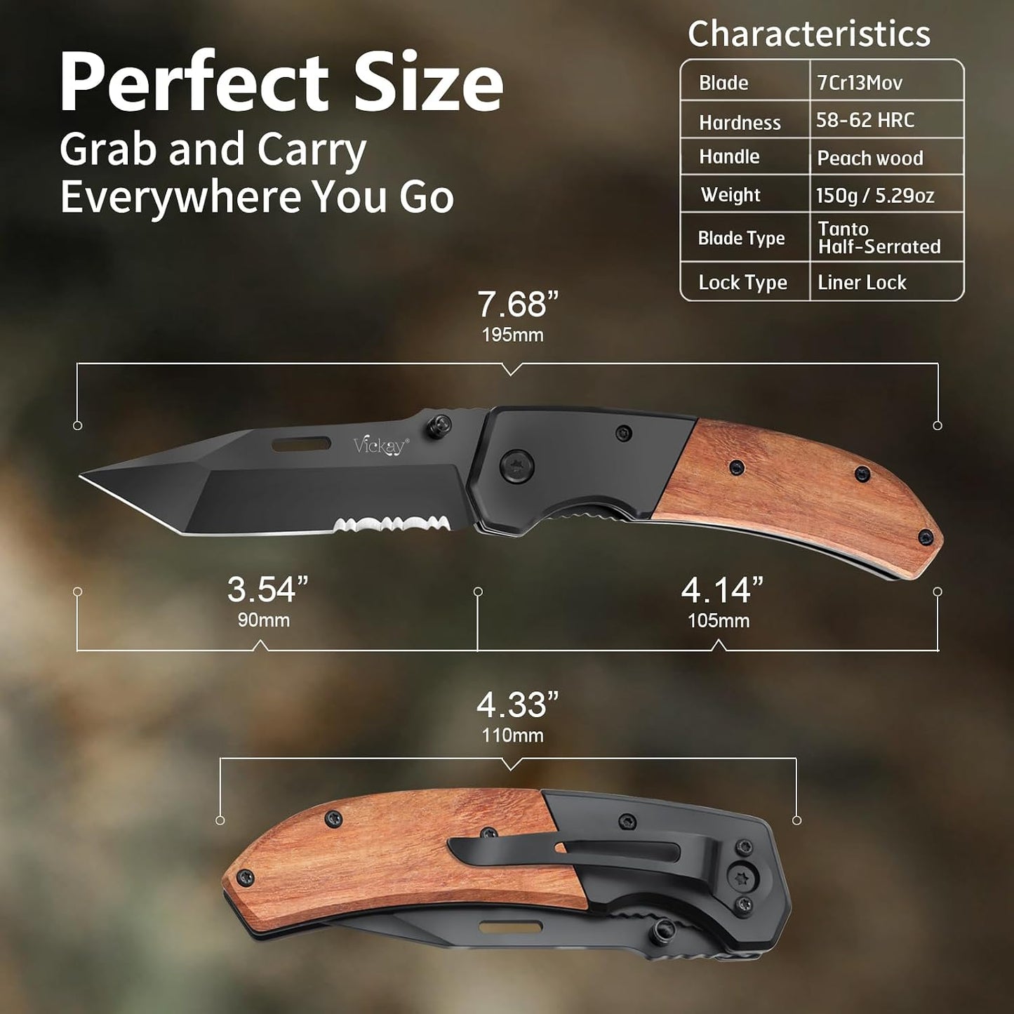Cuchillo plegable edc acero dentado negro 3.54pulg mango madera