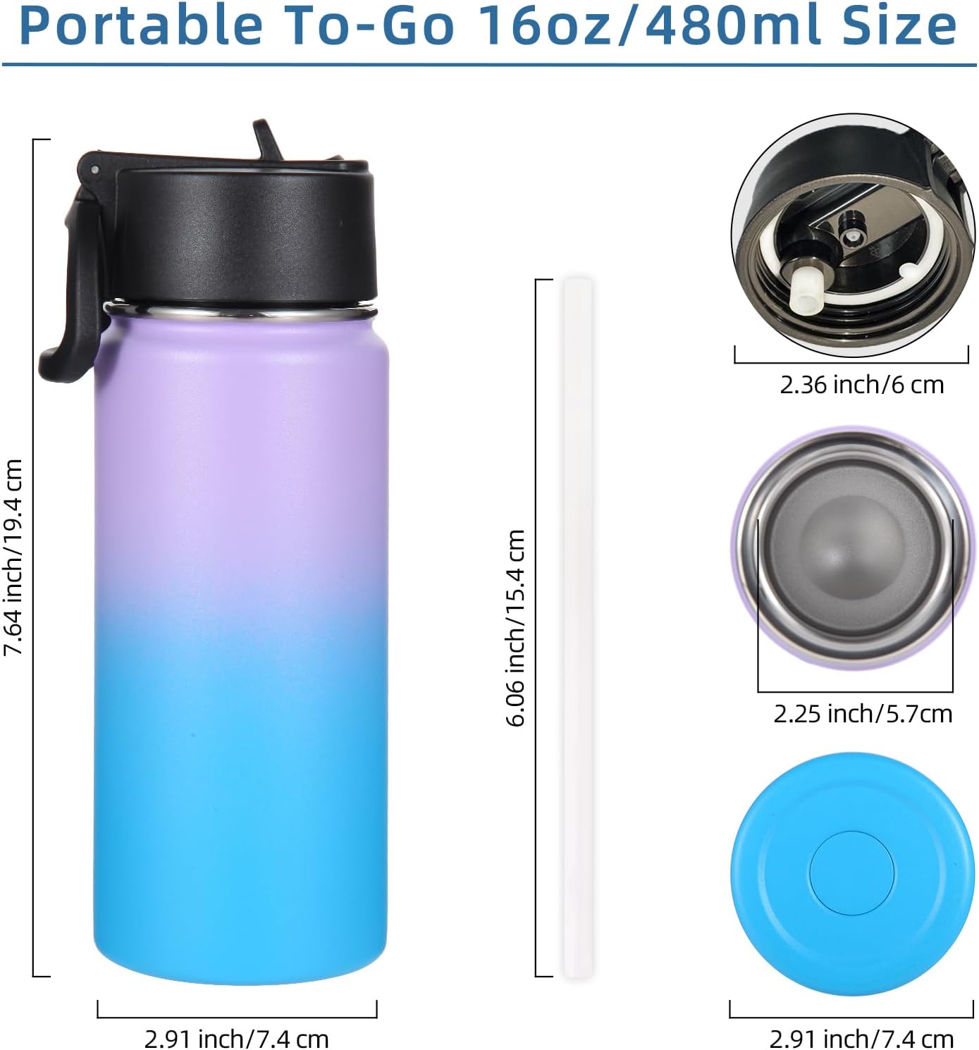 4 Botellas agua niños 16oz aisladas con pajita acero inox