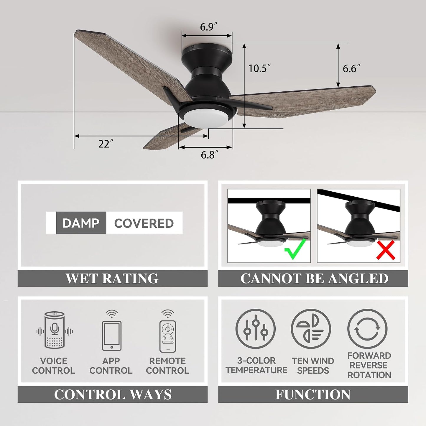 Ventilador techo inteligente 44pulg luz 10 velocidades
