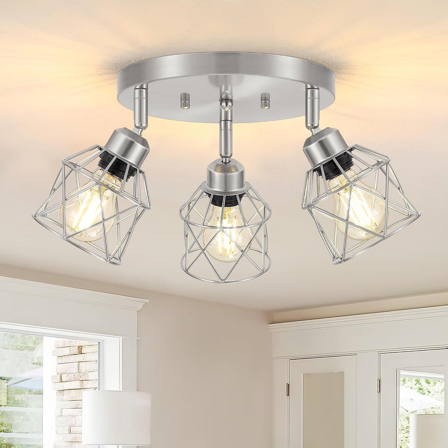 Lámpara techo níquel cepillado 3 luces E26 plateadas
