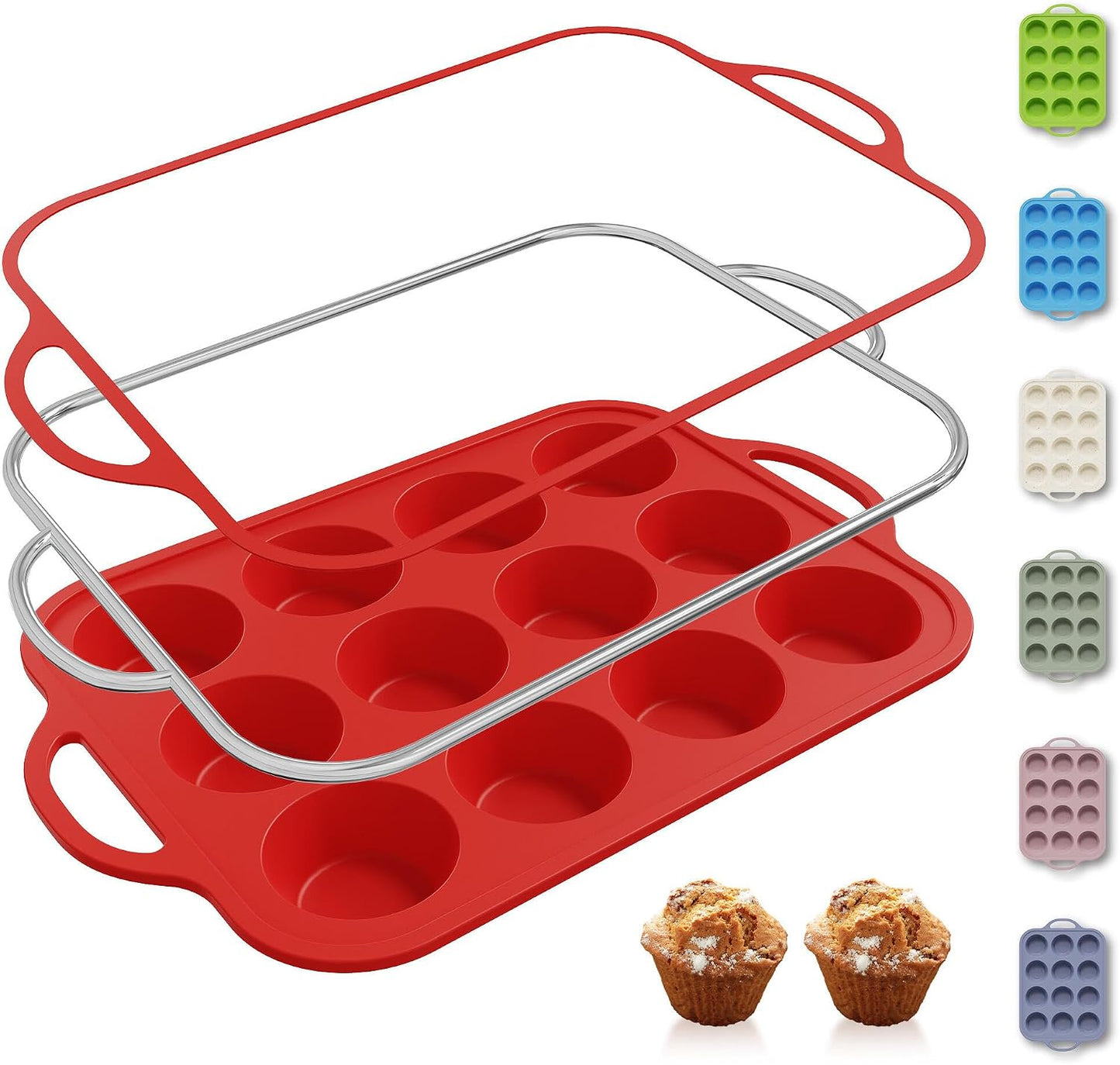 12 Tazas Molde Silicona con Marco Metal para Muffins Cupcakes